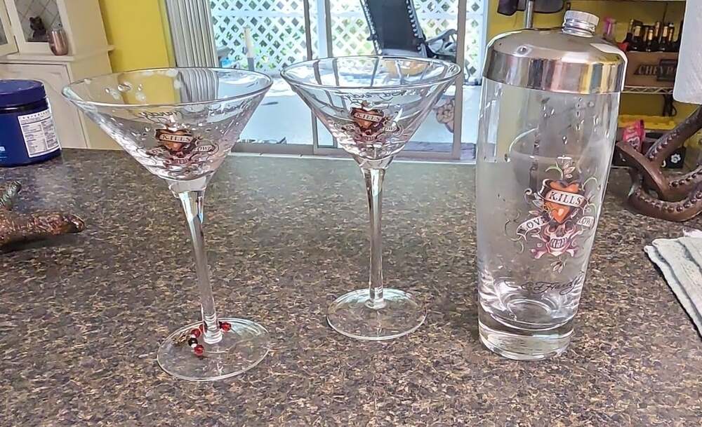 Ed Hardy Love Kills Slowly Cocktail Shaker and Martini Glasses Set